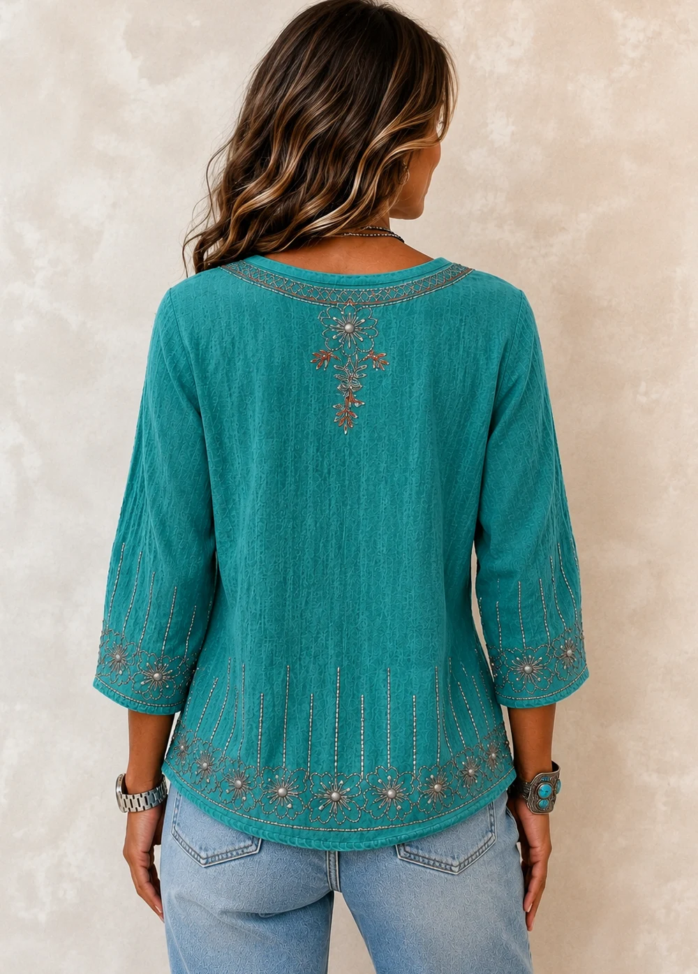 Women’s Turquoise Floral Embroidered Boho Tunic Top with 3/4 Sleeves Top