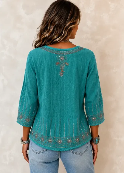 Women’s Turquoise Floral Embroidered Boho Tunic Top with 3/4 Sleeves Top