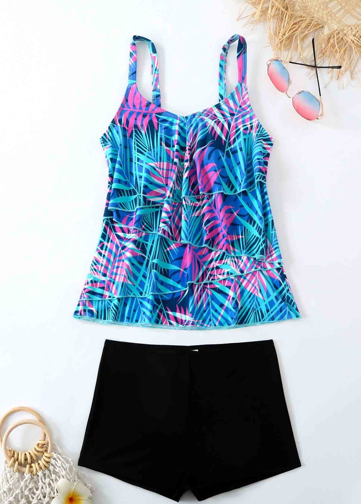 Asymmetry Leaf Print Padded Tankini Set