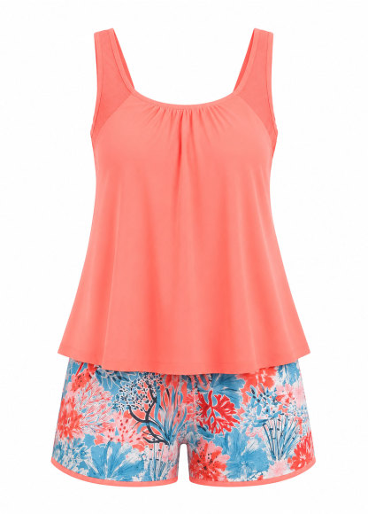 Orange Scoop Neck Plant Print Tankini Set