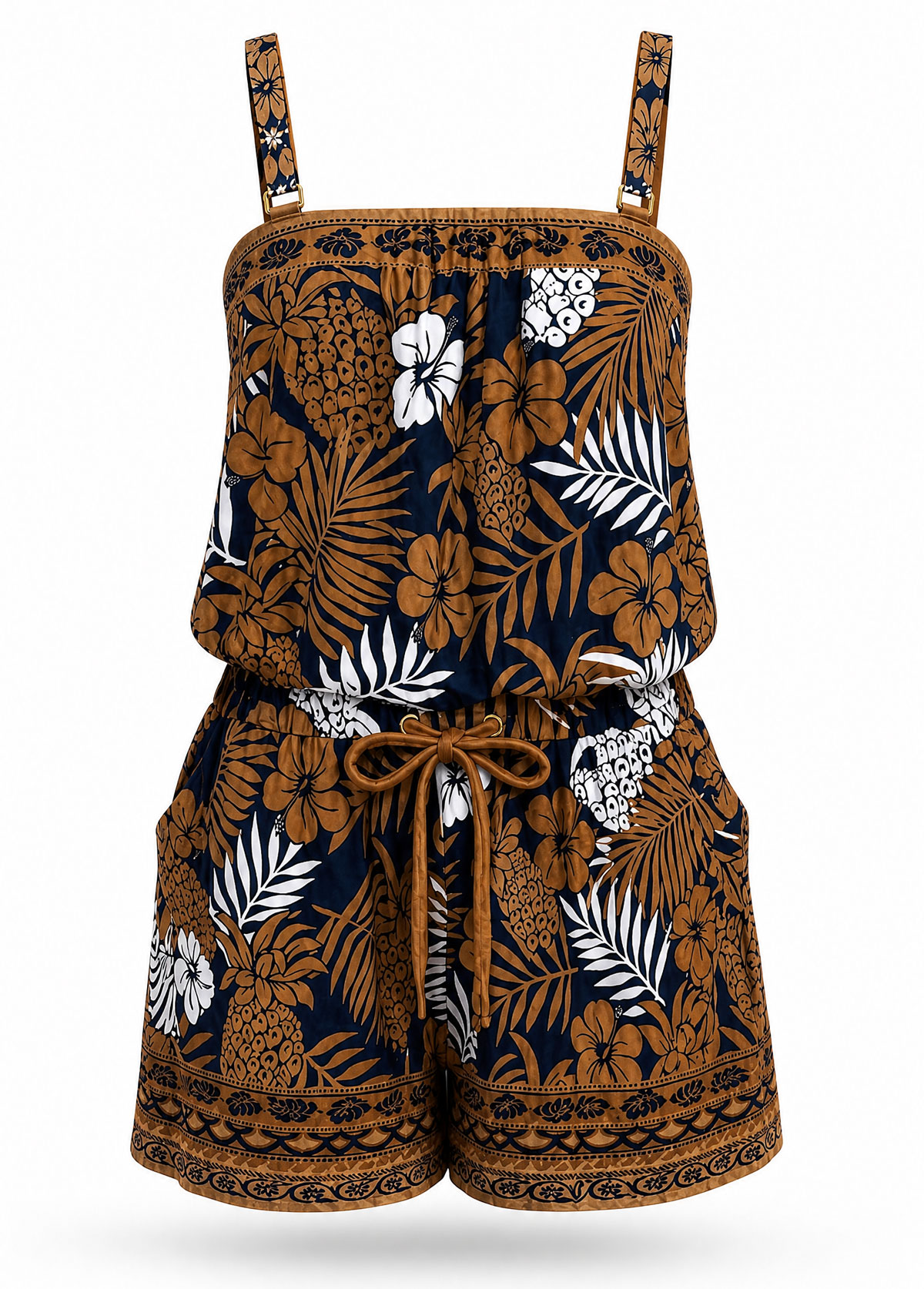 Navy Brown Tropical Floral Convertible Strapless Swim Romper