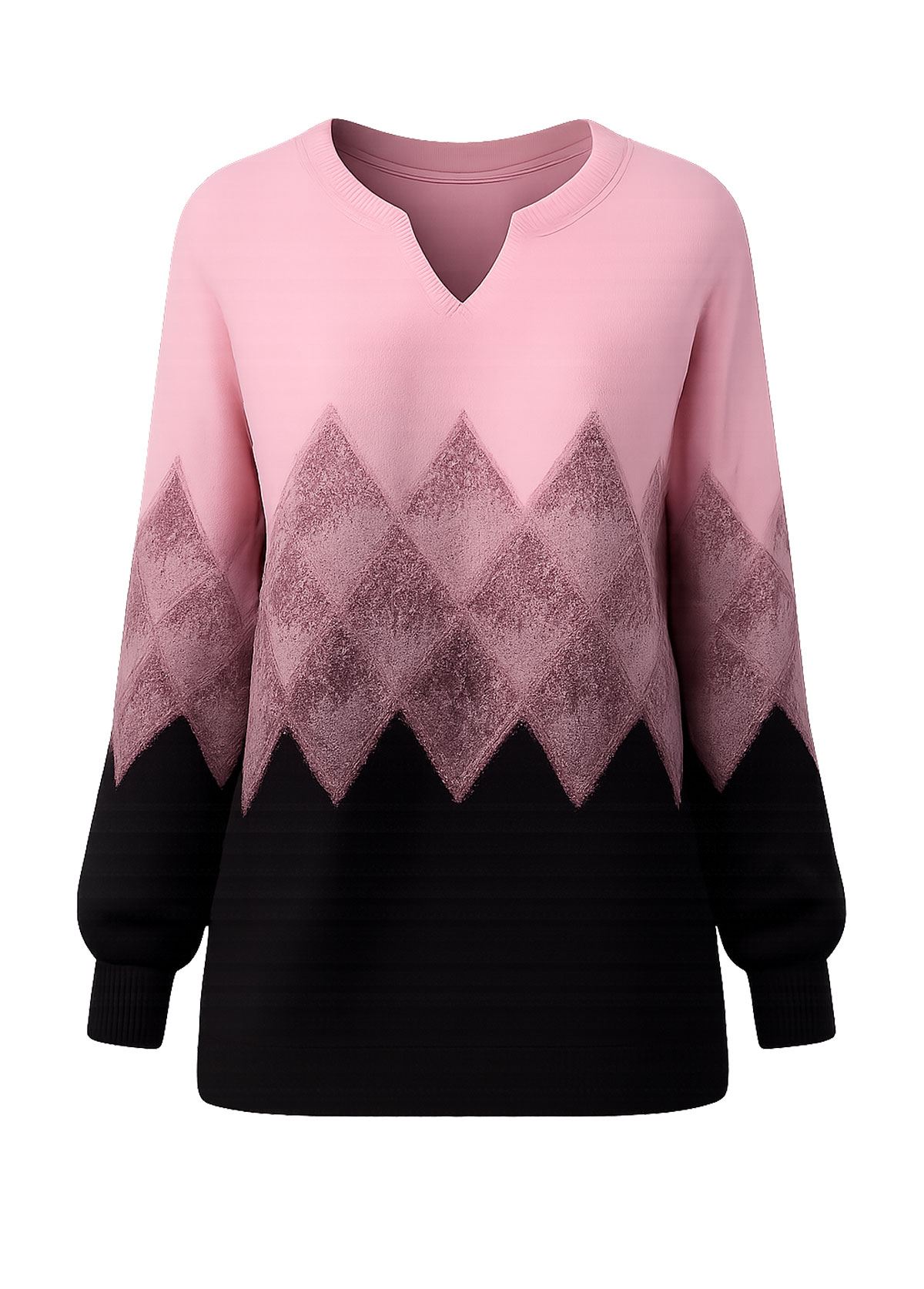 Women Notched V‑Neck Argyle Print Long Sleeve Sweater