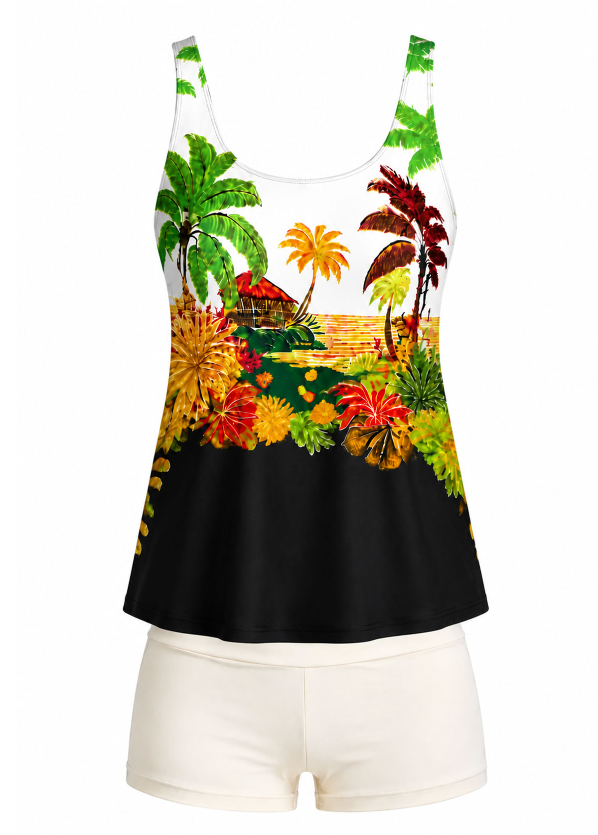 Adjustable Strap Tropical Scenic Print Flared Tankini Top