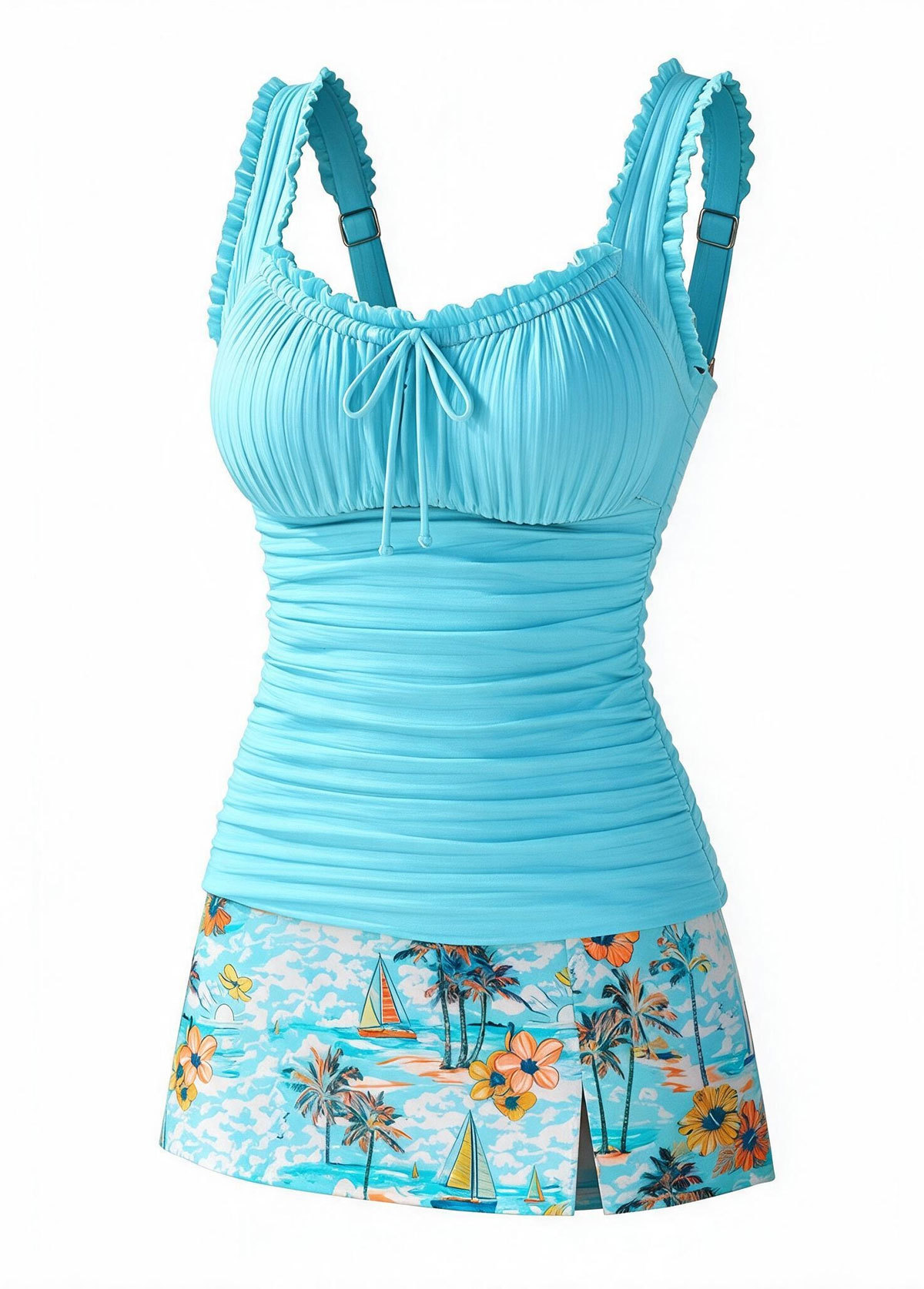 Cyan Surplice Ruched Tropical Tankini Set