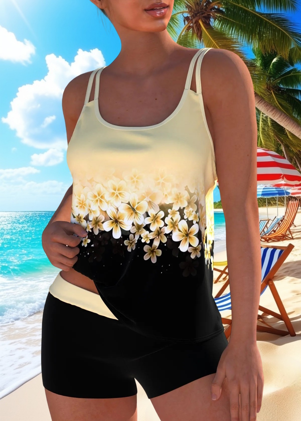 Patchwork Floral Print Light Yellow Tankini Set
