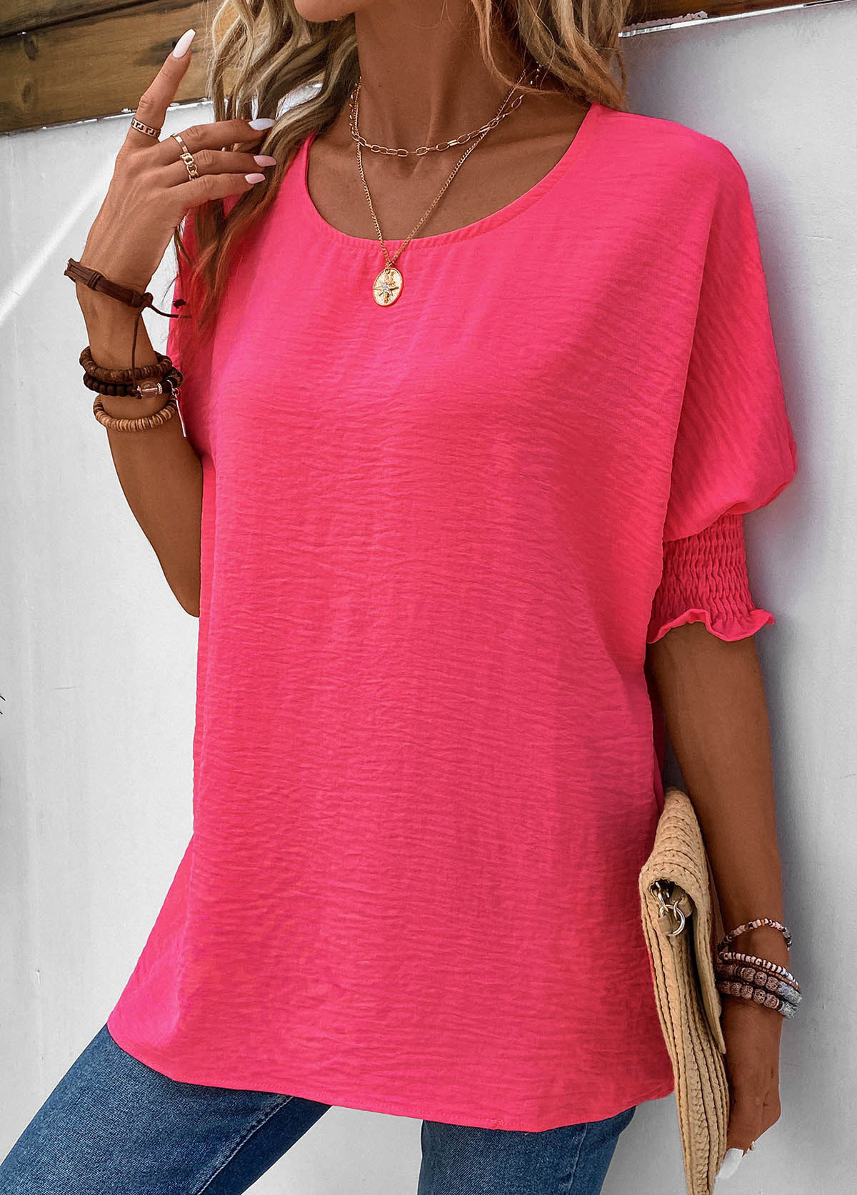 Smocked Half Sleeve Round Neck T Shirt