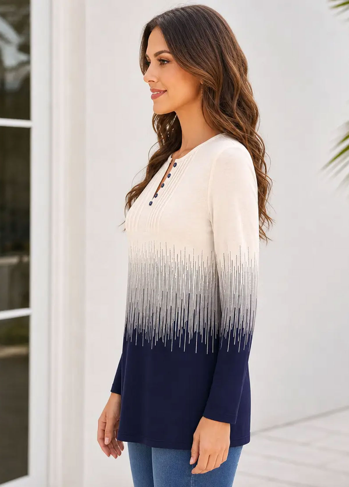 Women Henley Neck Pleated Front Gradient 3/4 Sleeve Blouse