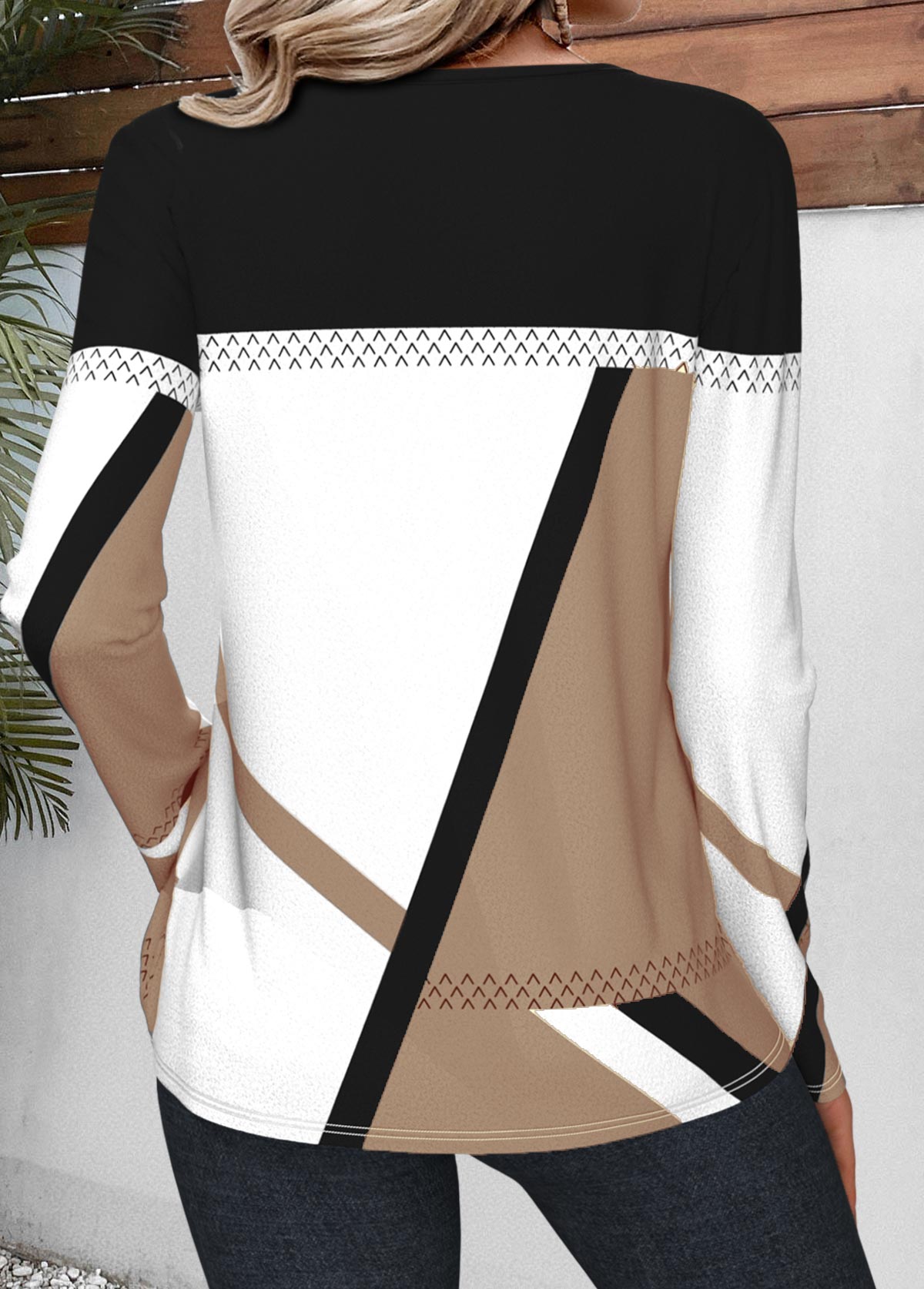 Patchwork Geometric Print Long Sleeve T Shirt