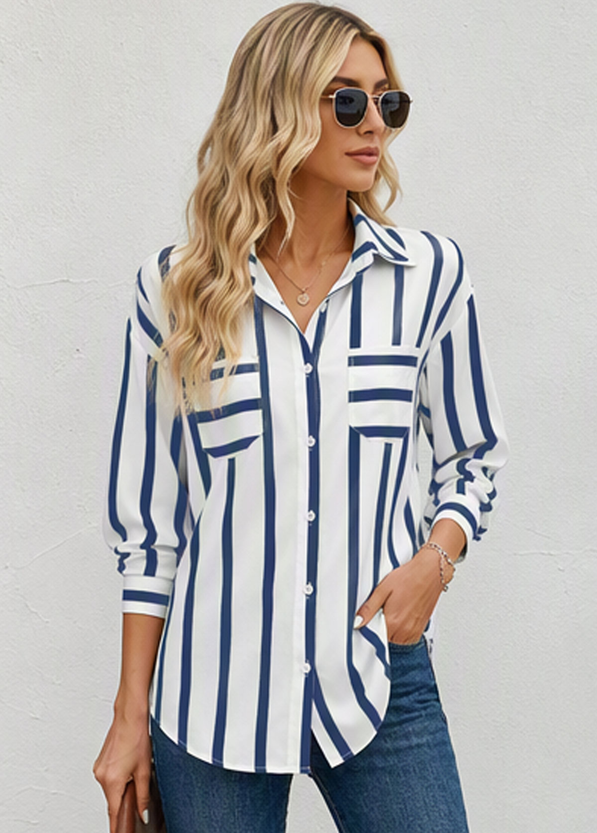 Women Striped Long Sleeve Button Down Shirt