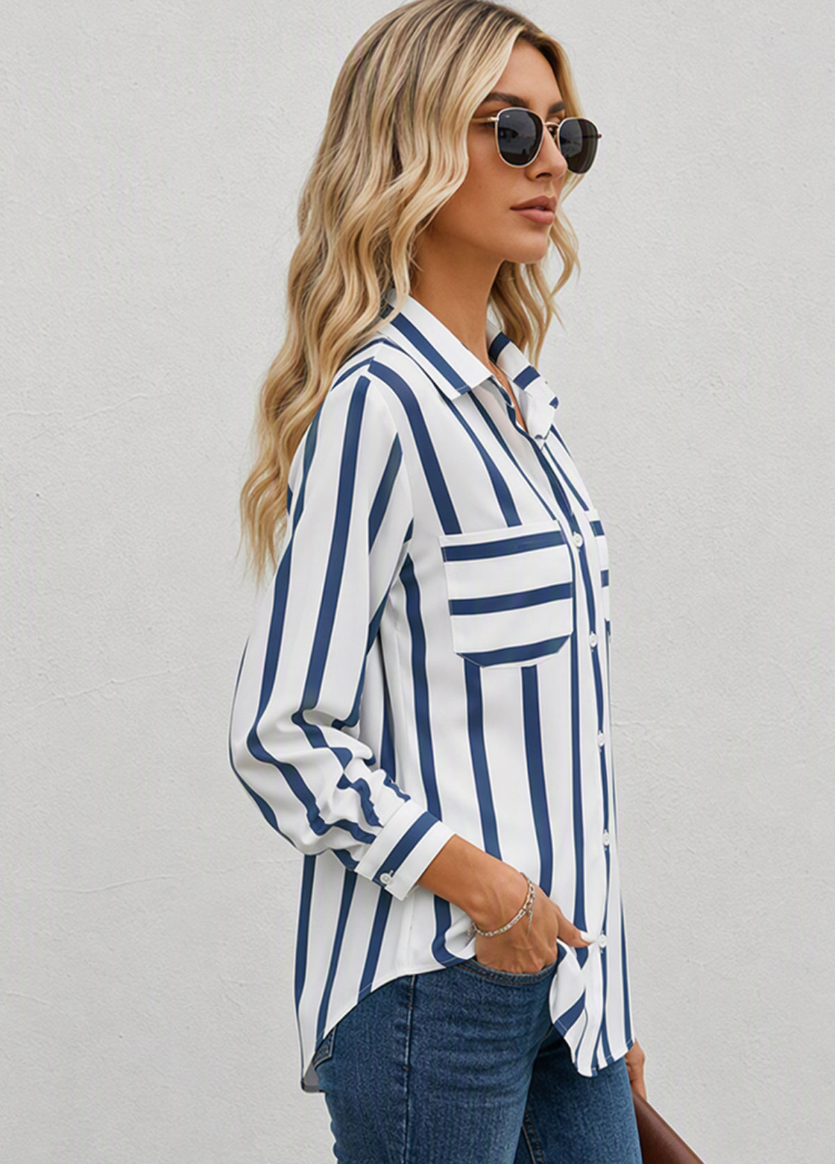 Women Striped Long Sleeve Button Down Shirt