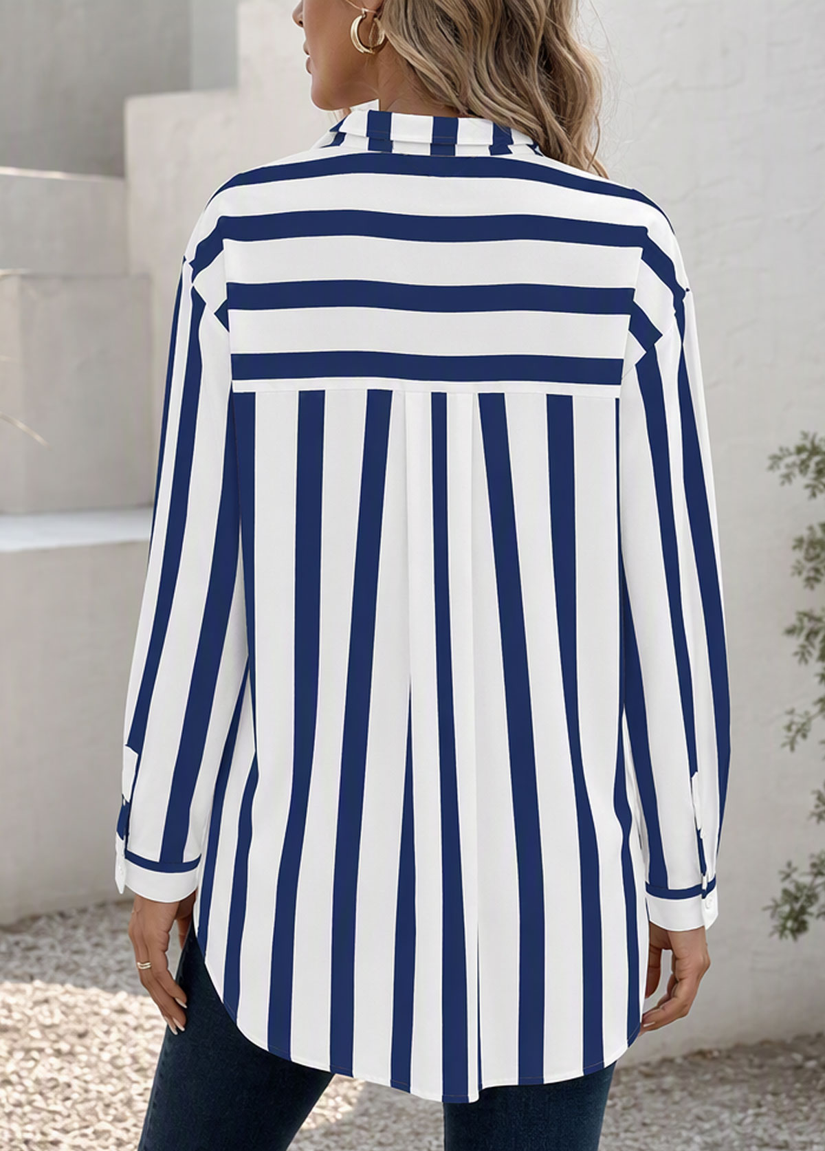 Women Striped Long Sleeve Button Down Shirt