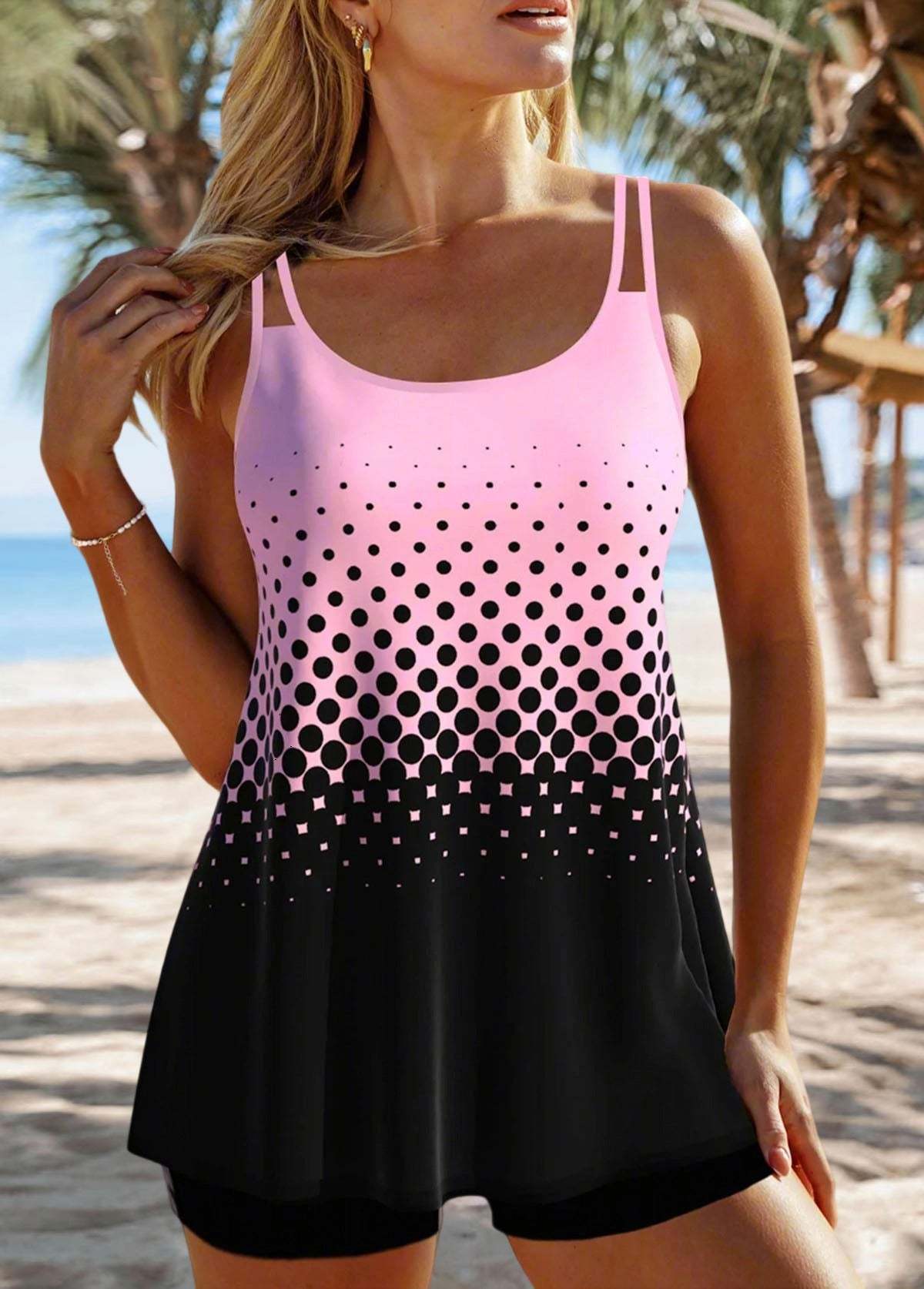 Patchwork  Double Straps Tankini Set