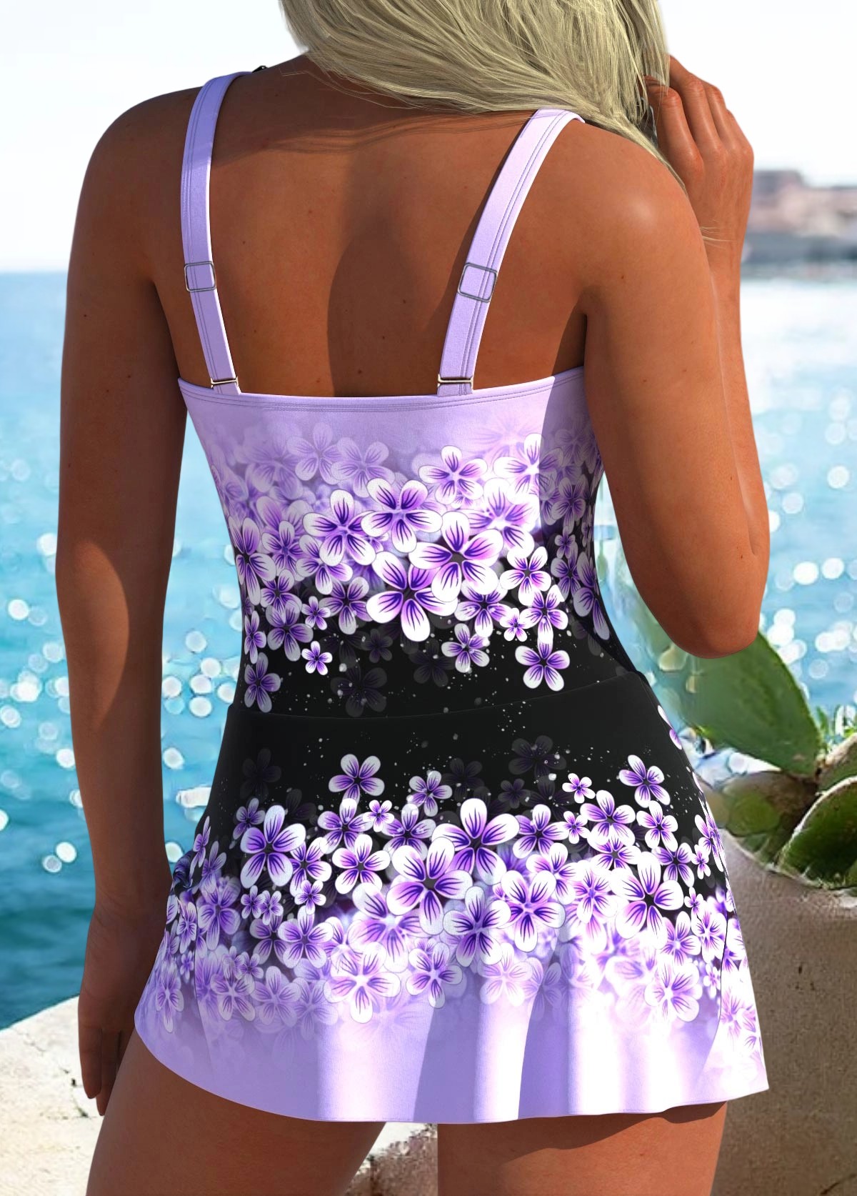 Tie Floral Print Black One Piece Swimdress