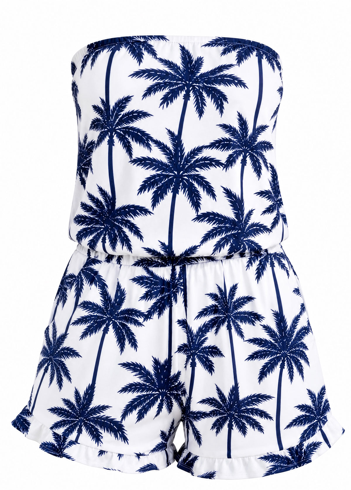 Bandeau Neck Palm Print Ruffle Hem Beach Romper Cover Up