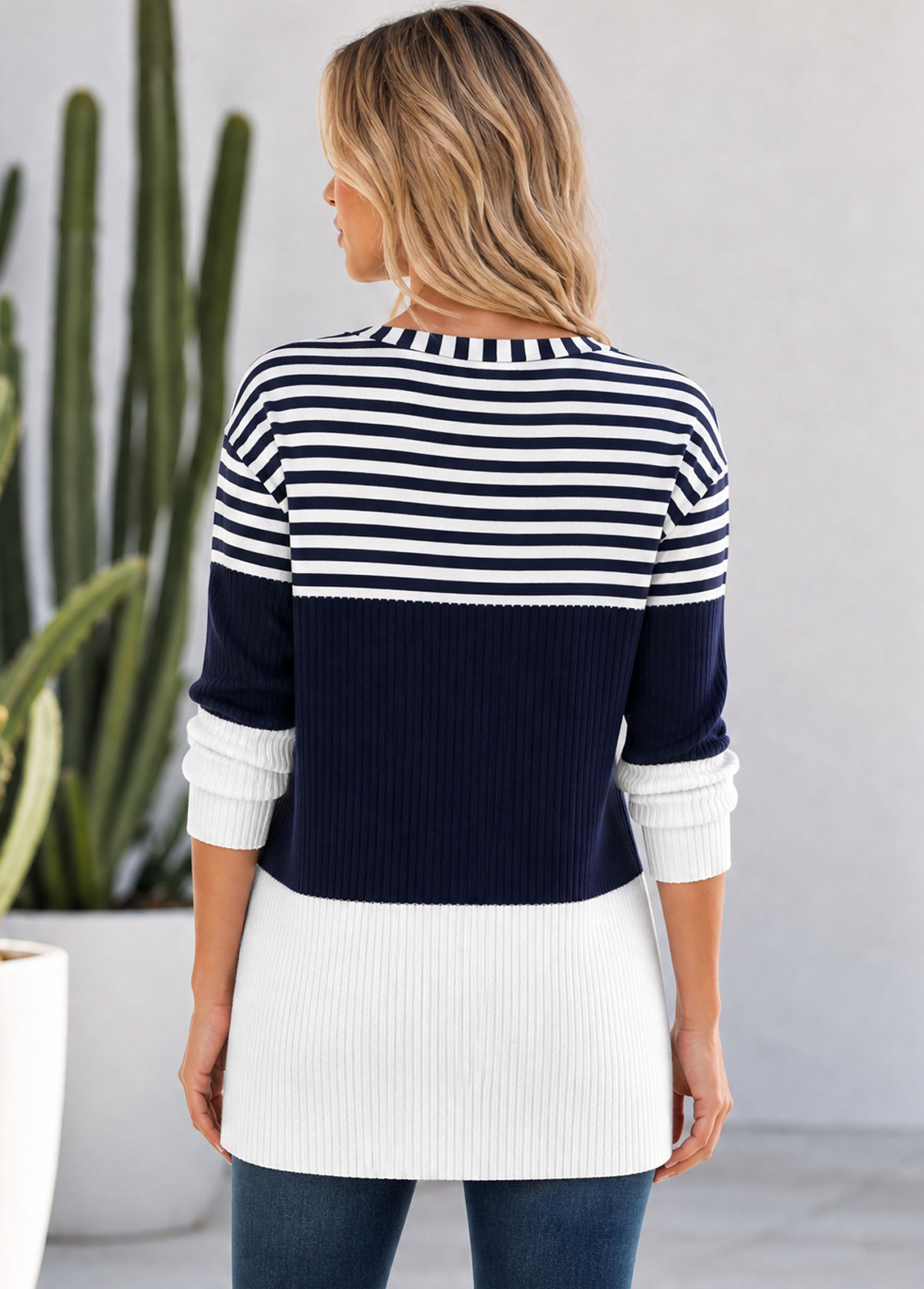 Women Striped Color Block Henley Knit Tunic Top