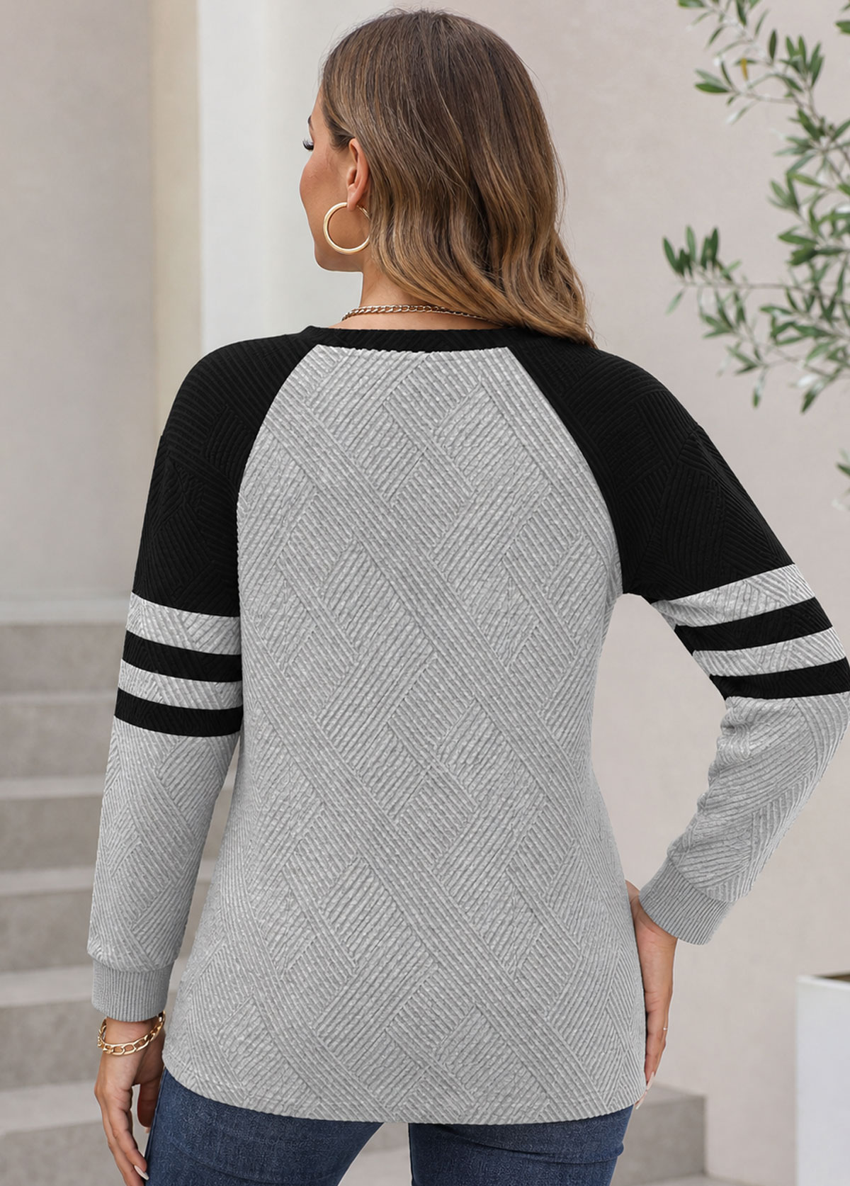 Women Raglan Sleeve Henley Button Color Block Long Sleeve Top
