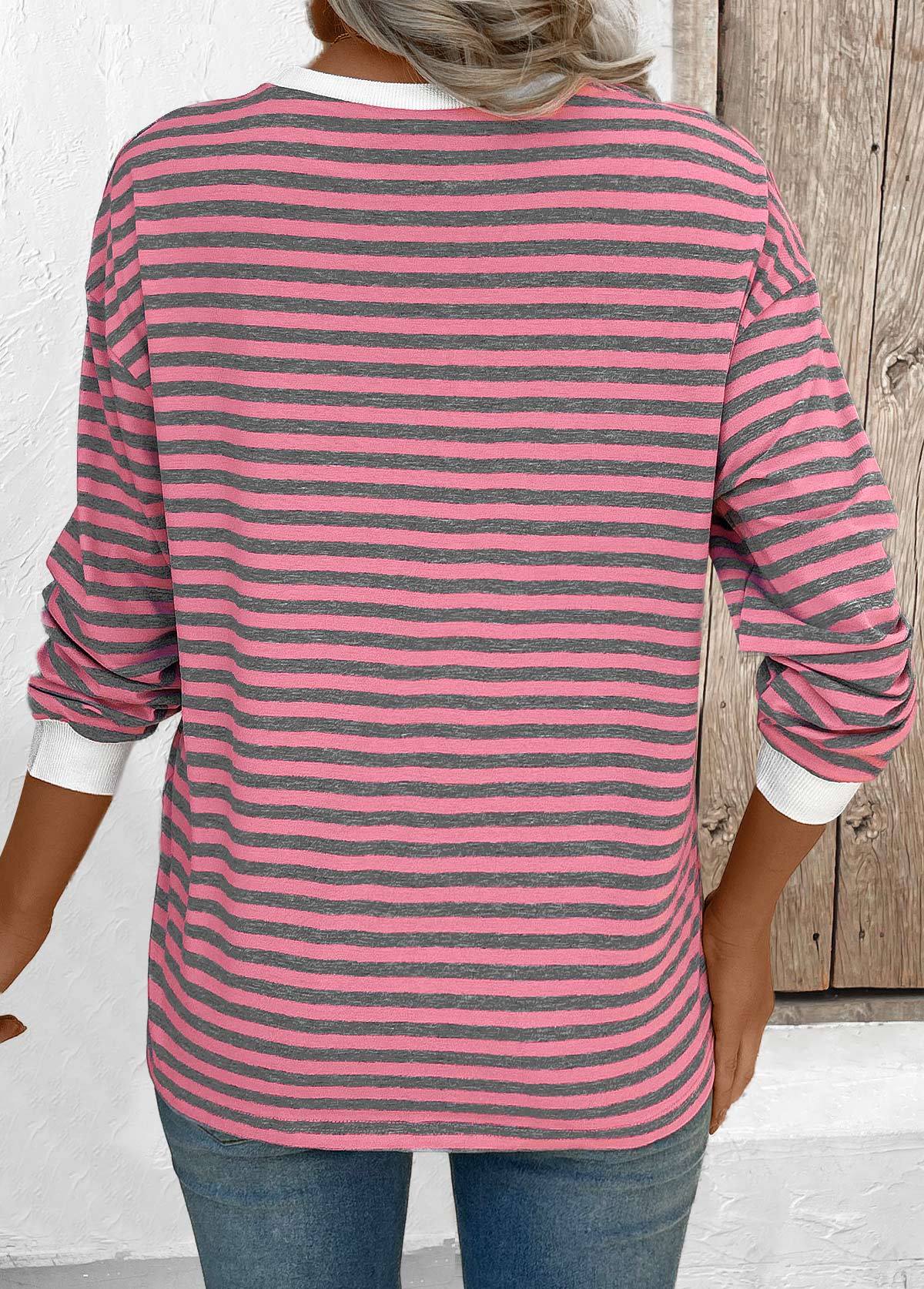Pink Striped Long Sleeve Round Neck T Shirt
