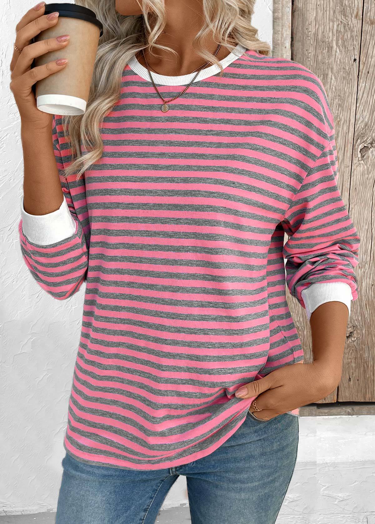 Pink Striped Long Sleeve Round Neck T Shirt