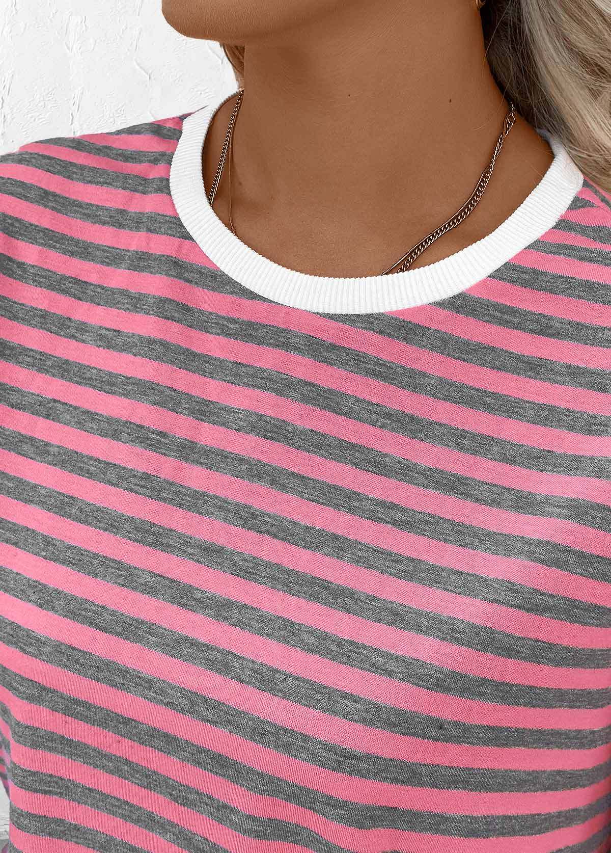 Pink Striped Long Sleeve Round Neck T Shirt