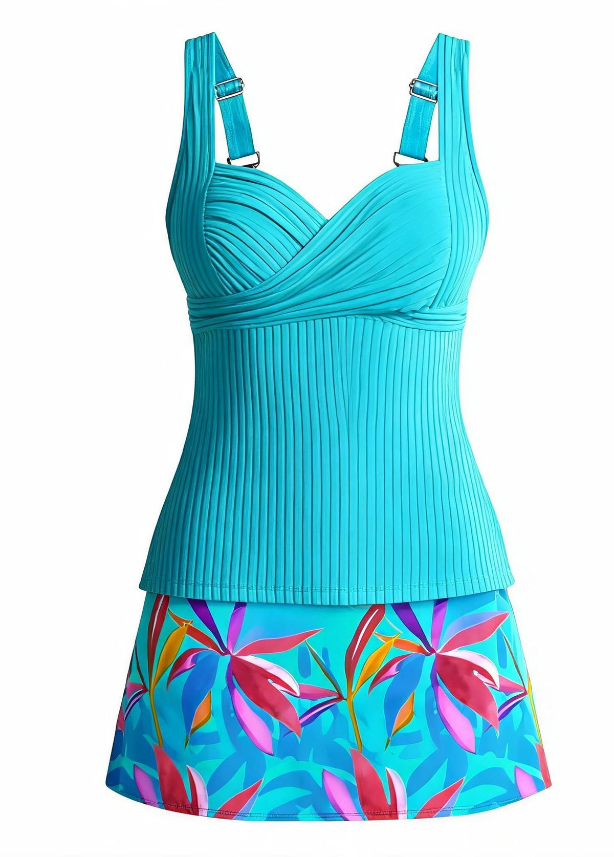 Cyan Surplice Ruched Plant Print Skirted Tankini Set