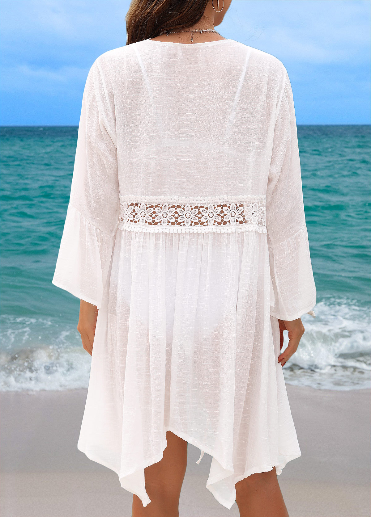 White Long Sleeve V Neck Cover Up