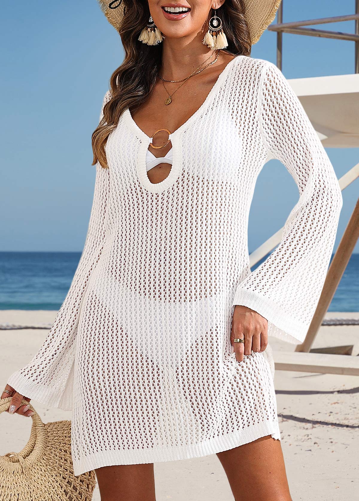 White Cut Out V Neck Cover Up