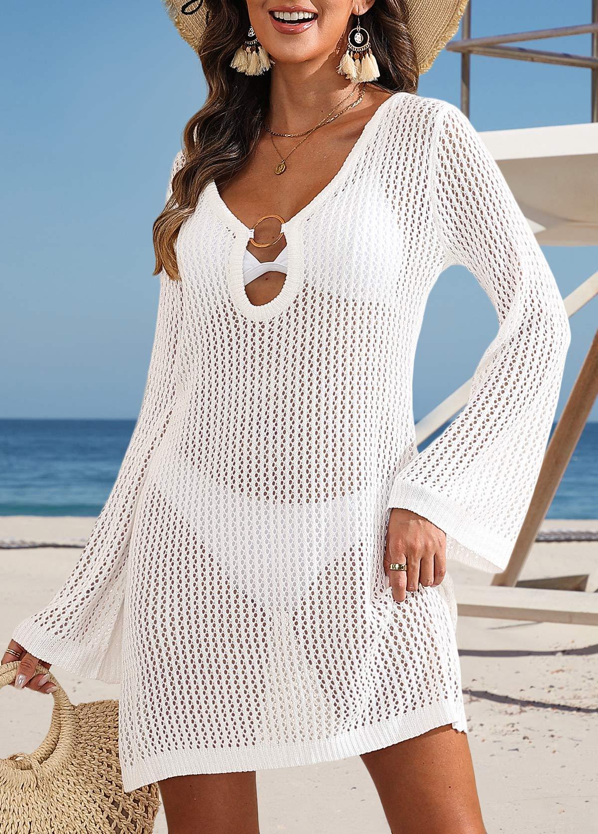 White Cut Out V Neck Cover Up