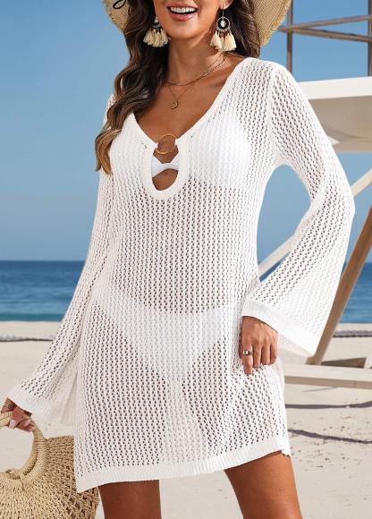 White Cut Out V Neck Cover Up