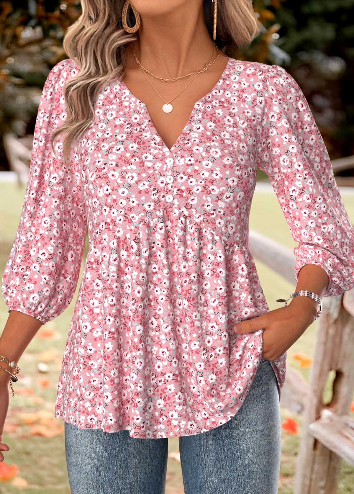 Ditsy Floral Print 3/4 Sleeve Split Neck Blouse