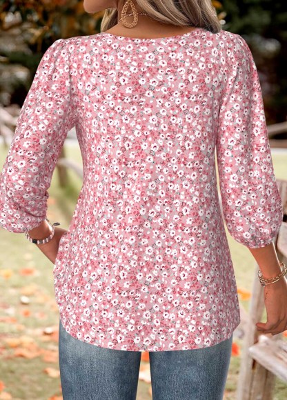 Ditsy Floral Print 3/4 Sleeve Split Neck Blouse