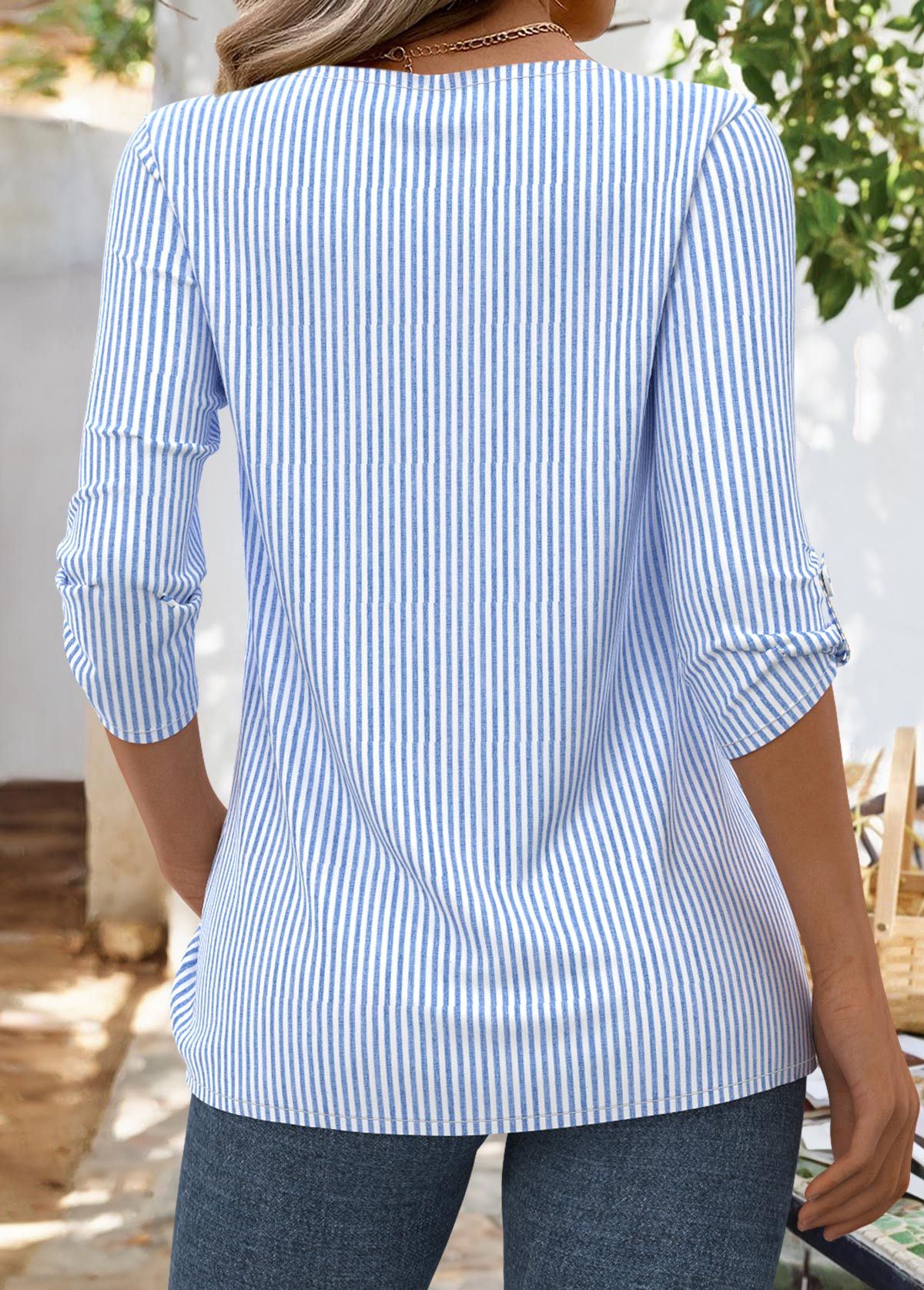 Striped 3/4 Sleeve Asymmetrical Neck Blouse
