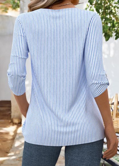 Striped 3/4 Sleeve Asymmetrical Neck Blouse