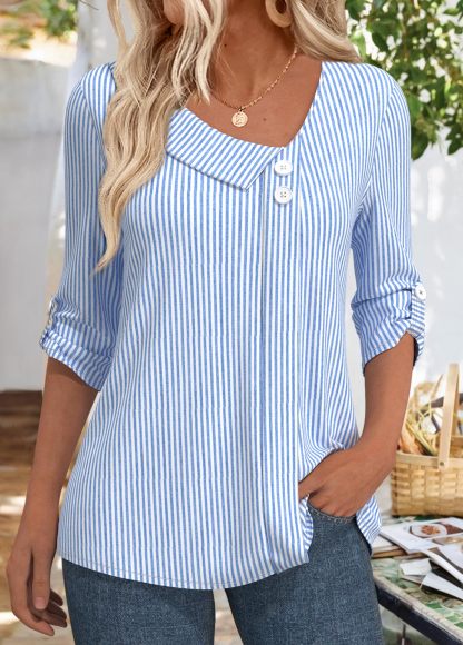 Striped 3/4 Sleeve Asymmetrical Neck Blouse