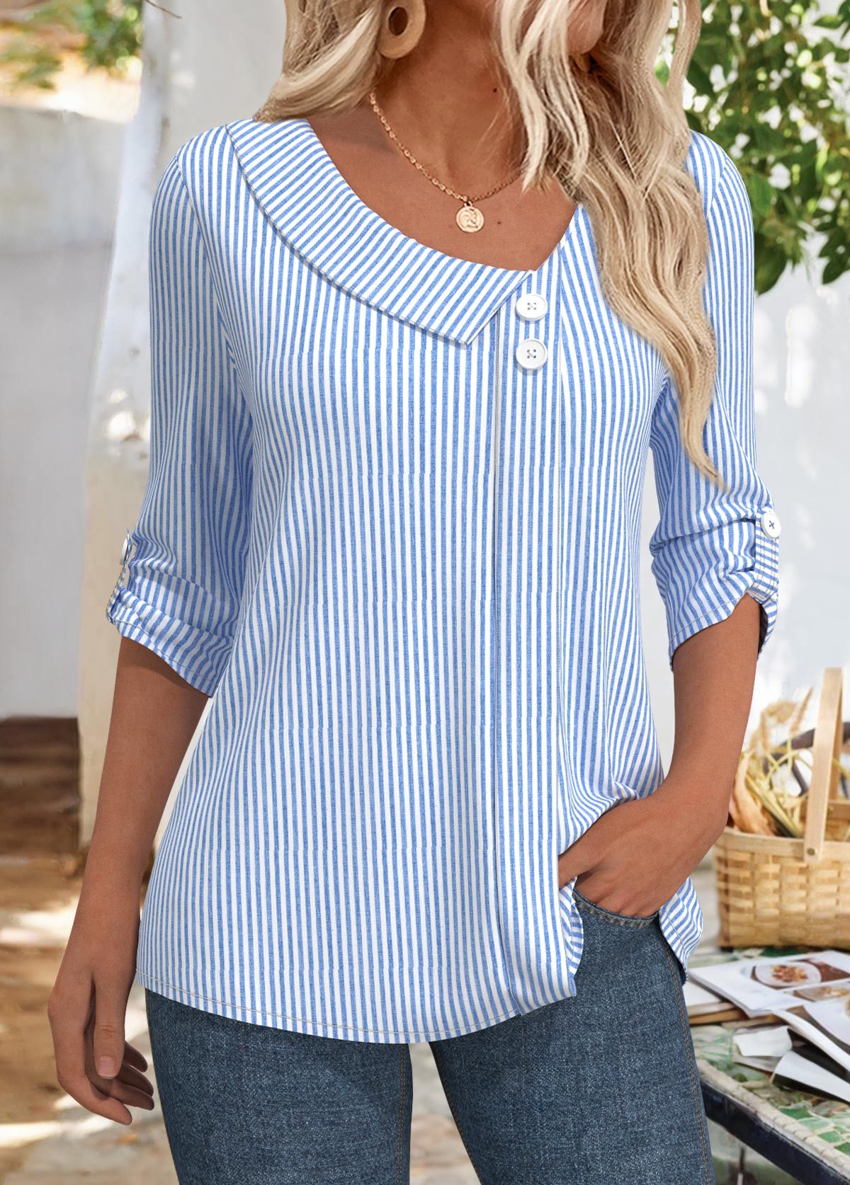 Striped 3/4 Sleeve Asymmetrical Neck Blouse