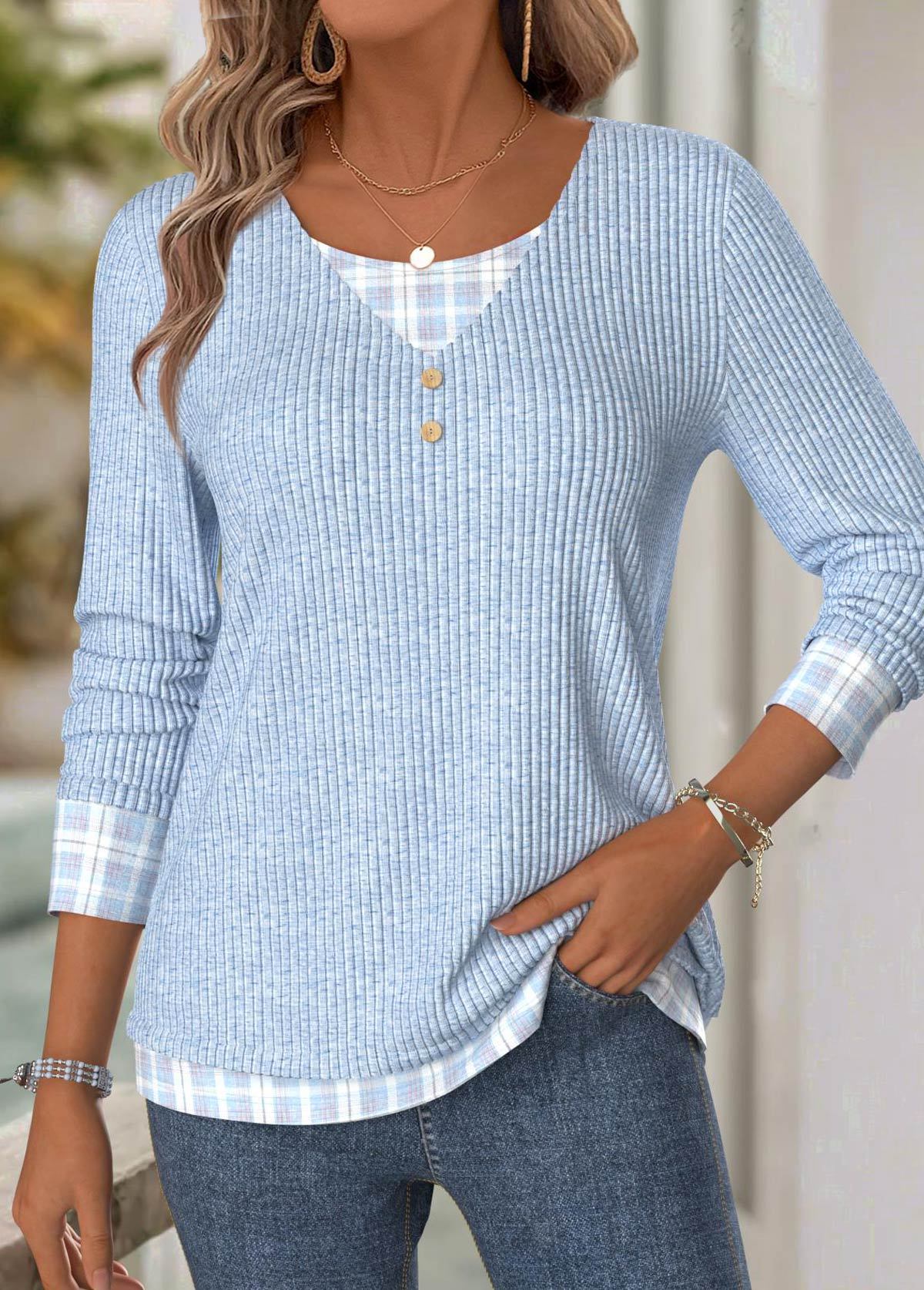 Light Blue Plaid Long Sleeve V Neck T Shirt