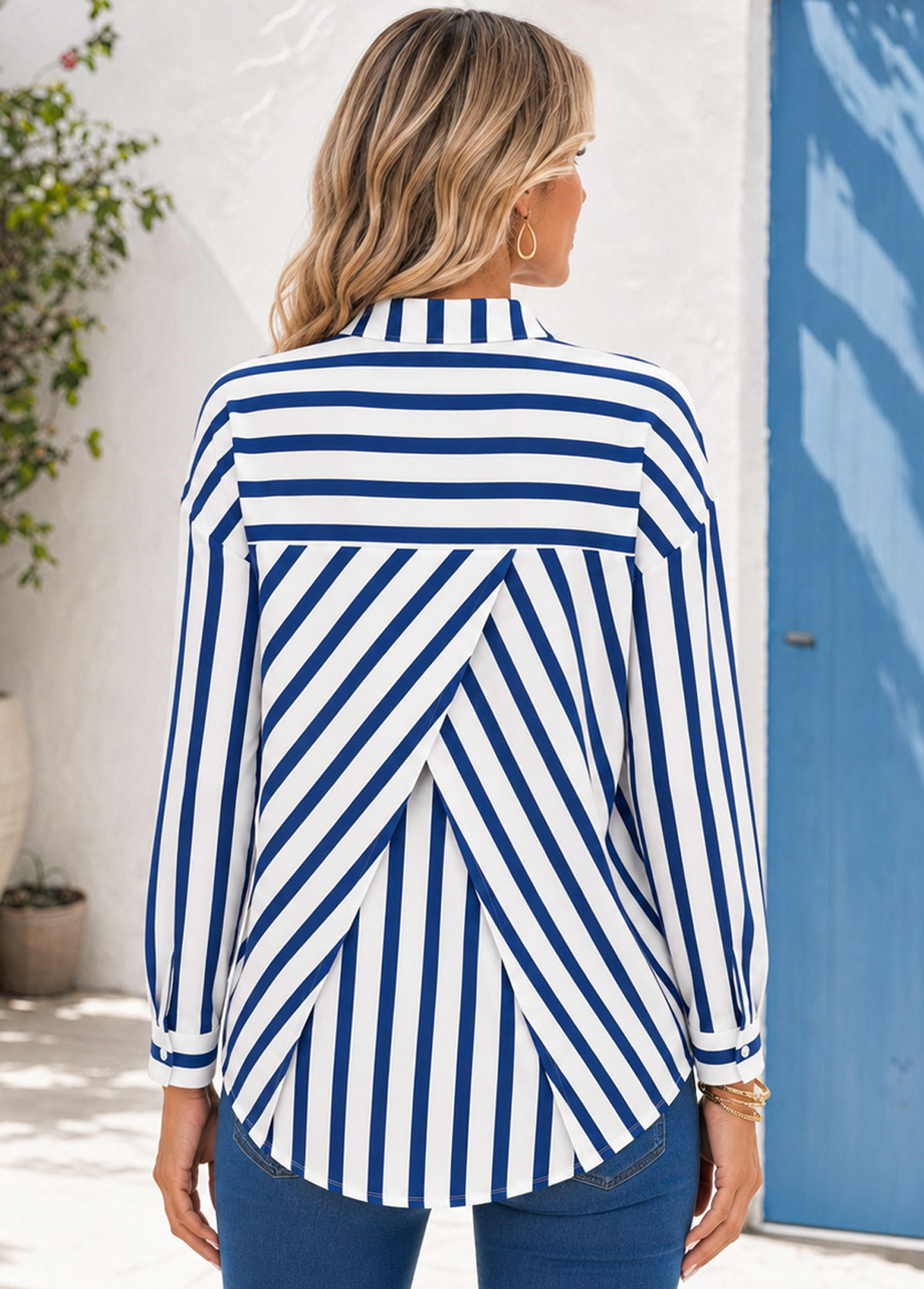 Blue White Stripe Stand Collar Back Pleat Long Sleeve Blouse