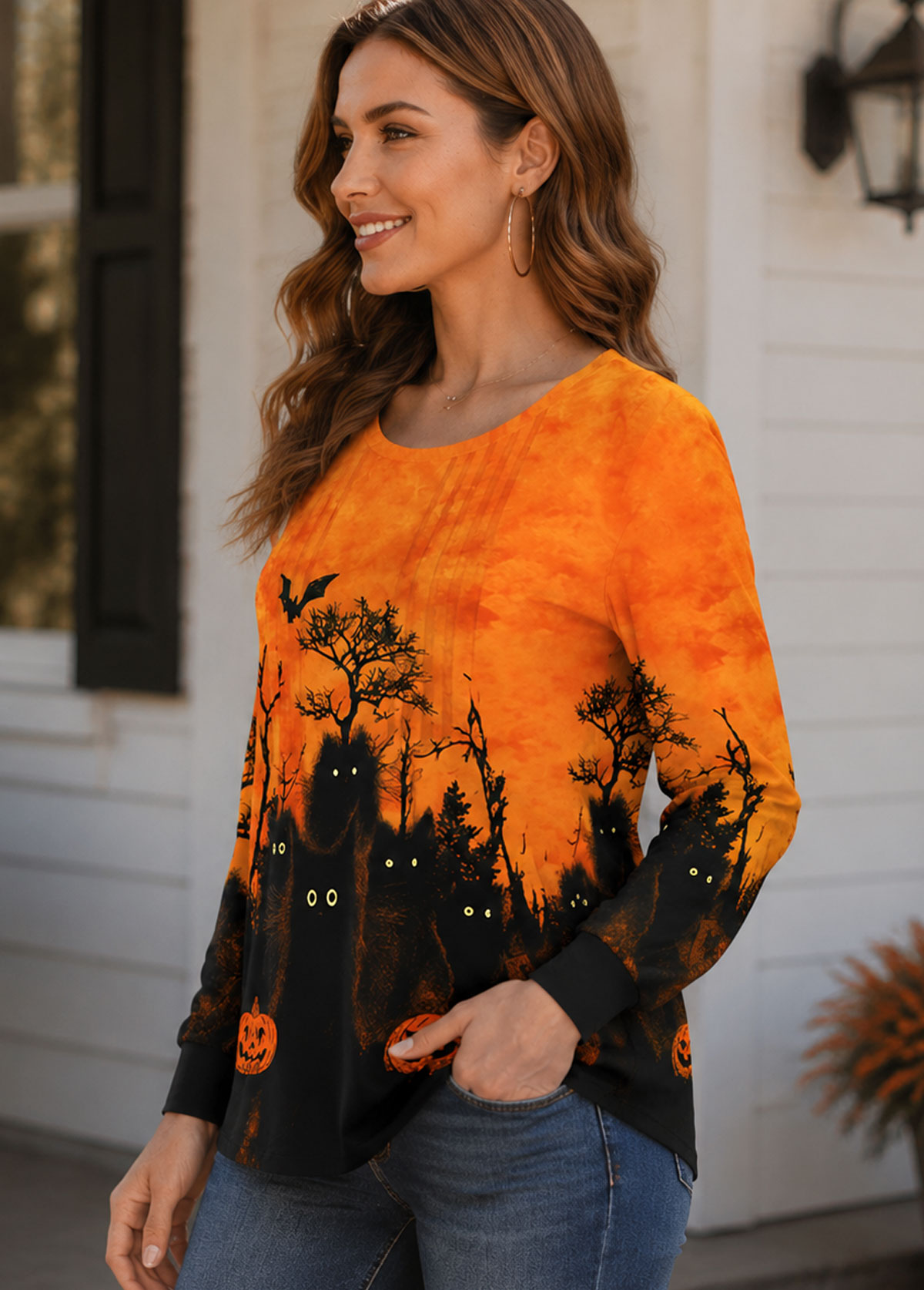 Women Halloween Black Cat Pumpkin Print Long Sleeve Top