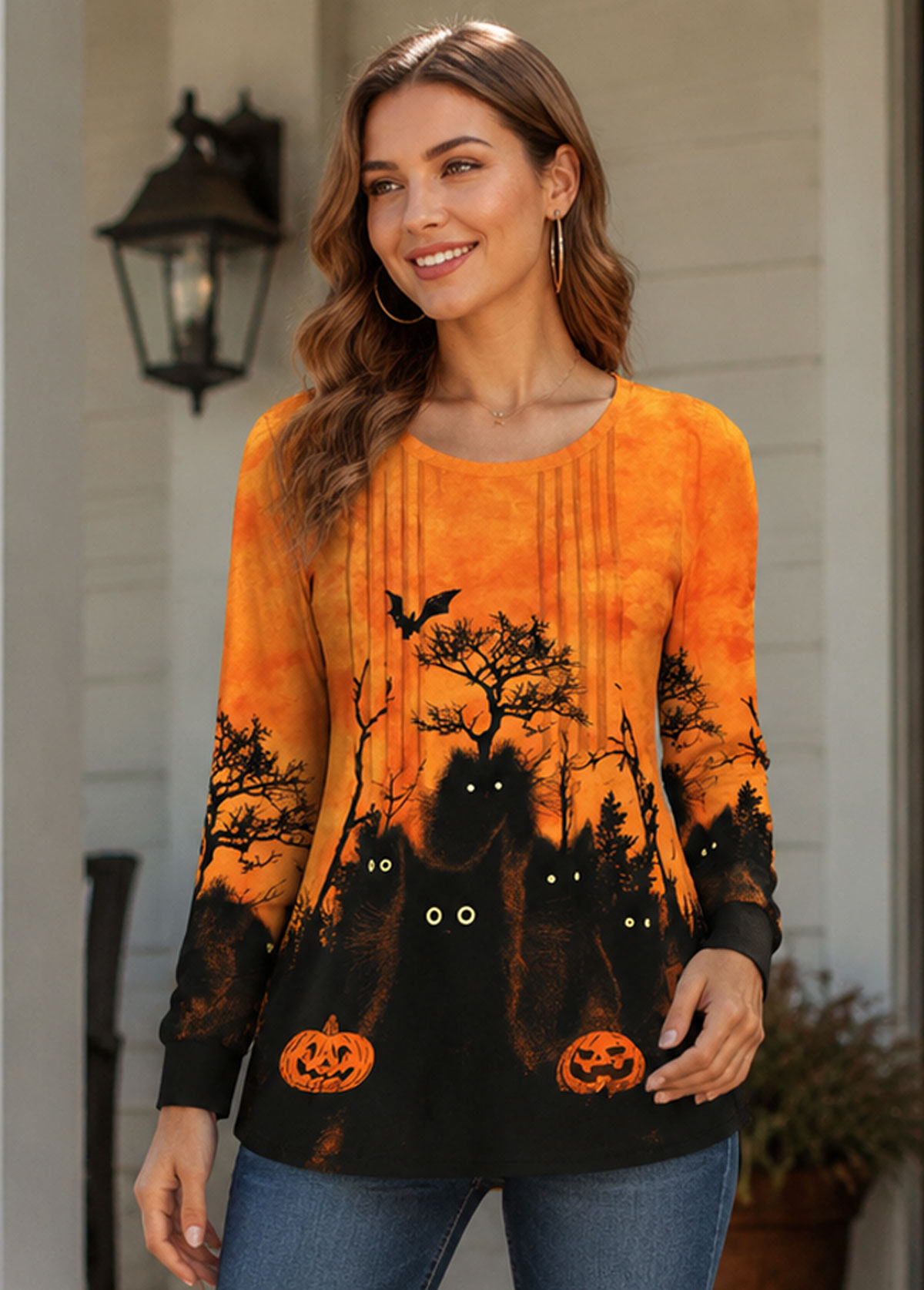 Women Halloween Black Cat Pumpkin Print Long Sleeve Top