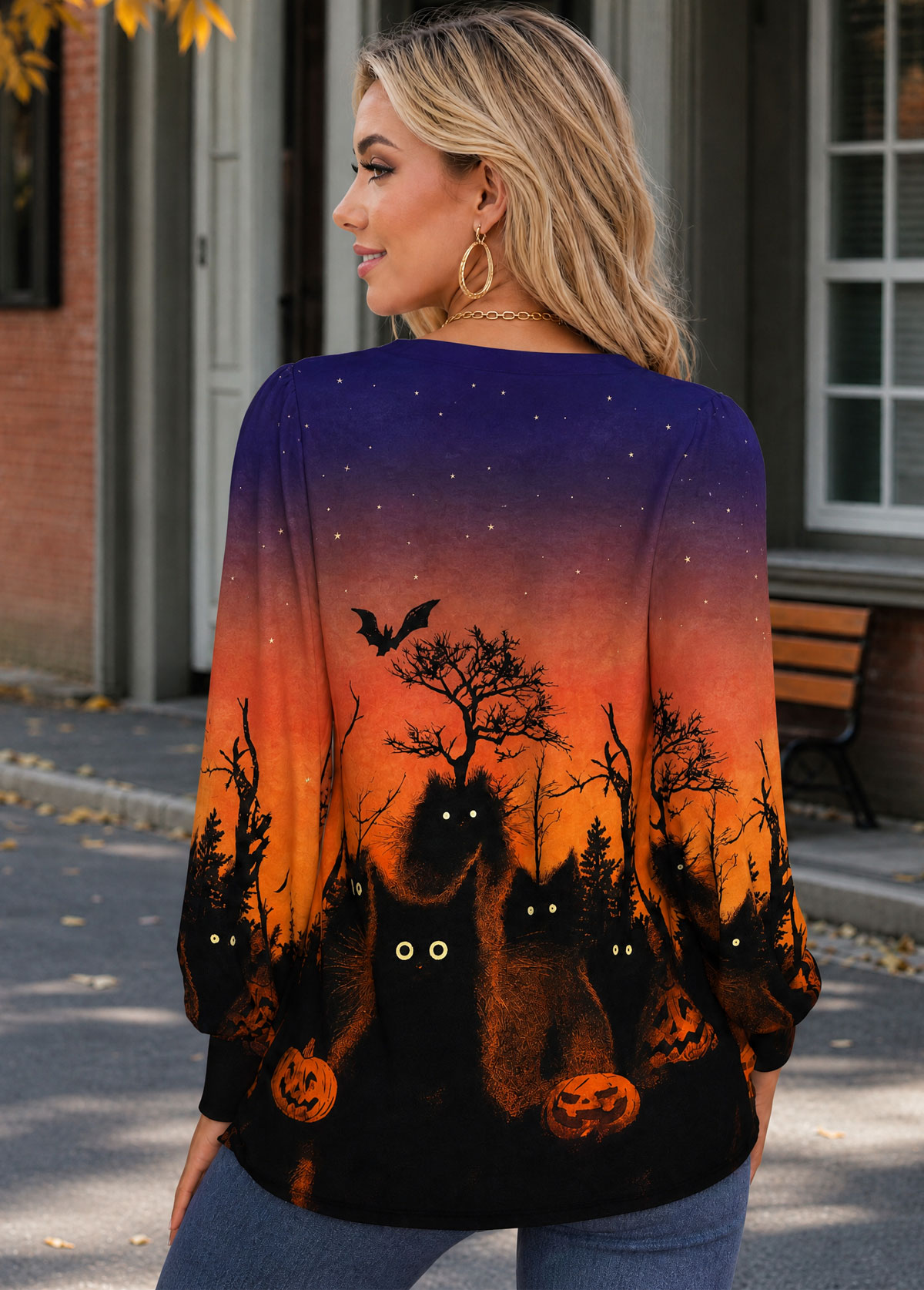 Halloween Cat Pumpkin Print V Neck Top