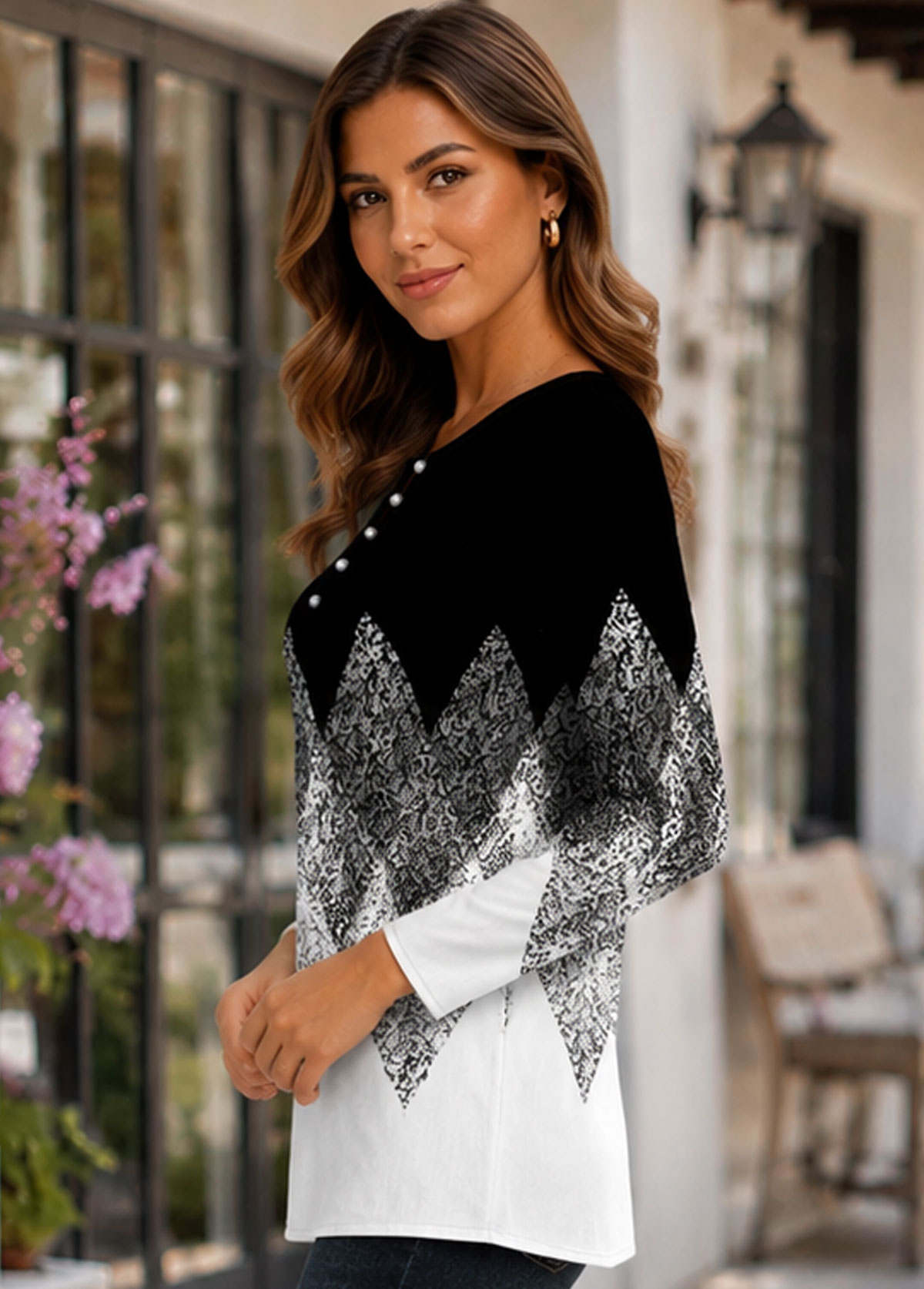 Women Geometric Print Henley Long Sleeve Tunic Top