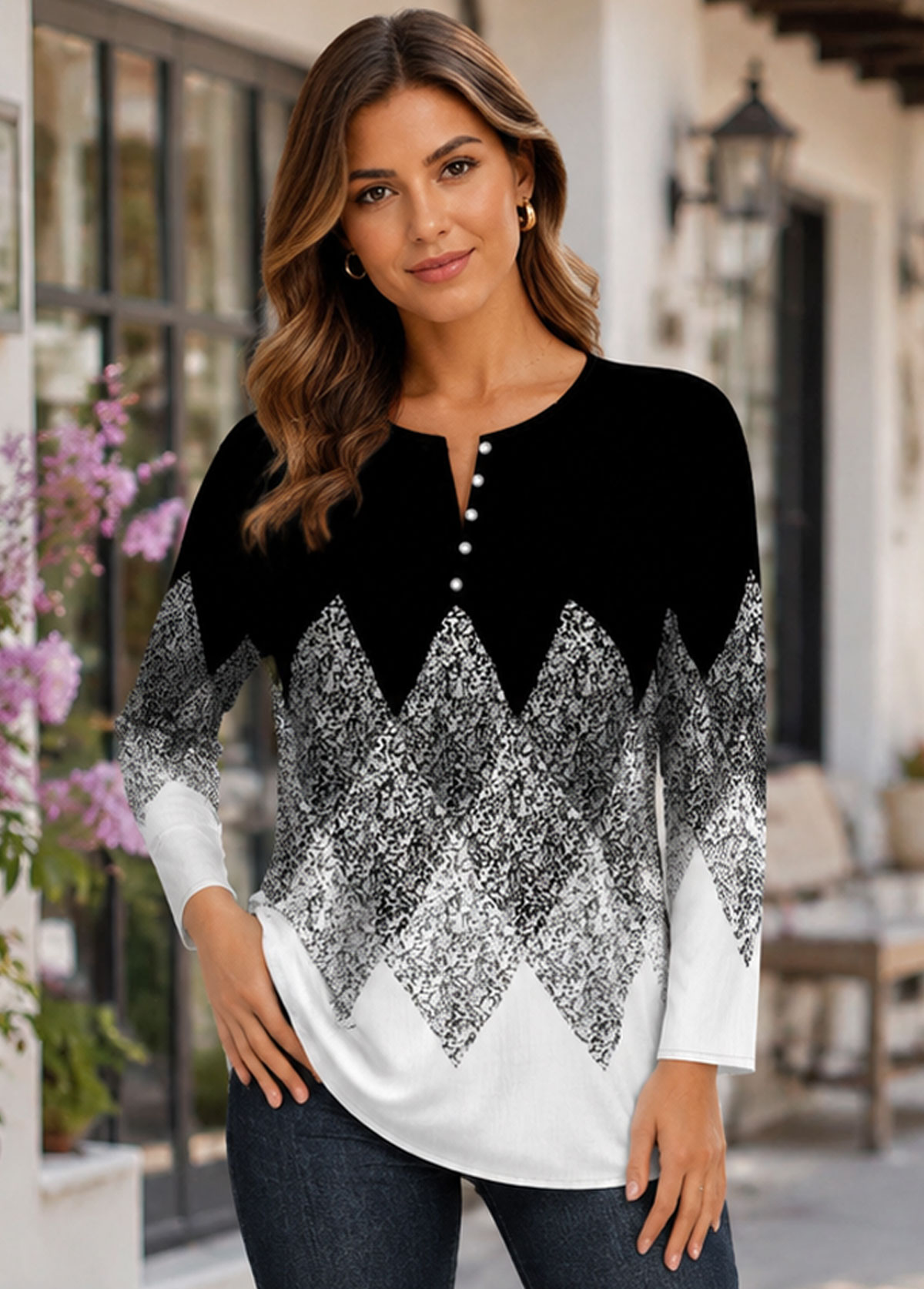 Women Geometric Print Henley Long Sleeve Tunic Top