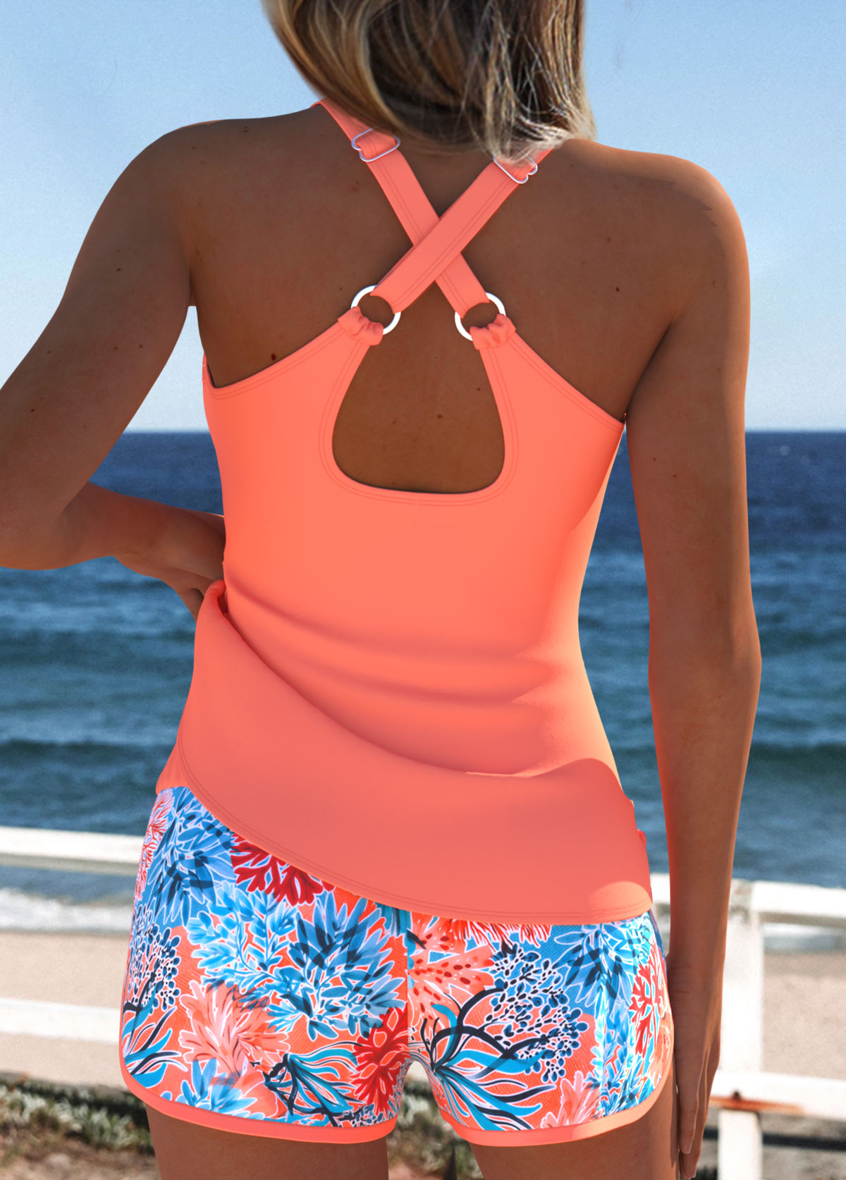 Tummy Coverage Mid Waisted Marine Life Print Tankini Set