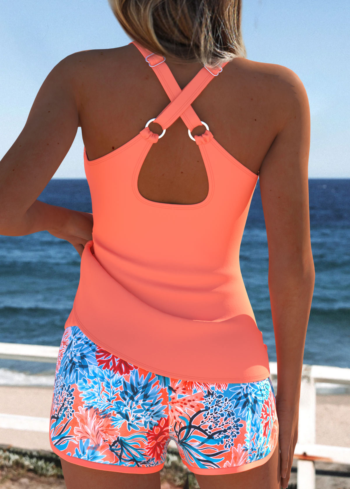 Tummy Coverage Mid Waisted Marine Life Print Tankini Set