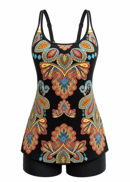 Boho Floral Print Adjustable Strap Swing Tankini Set