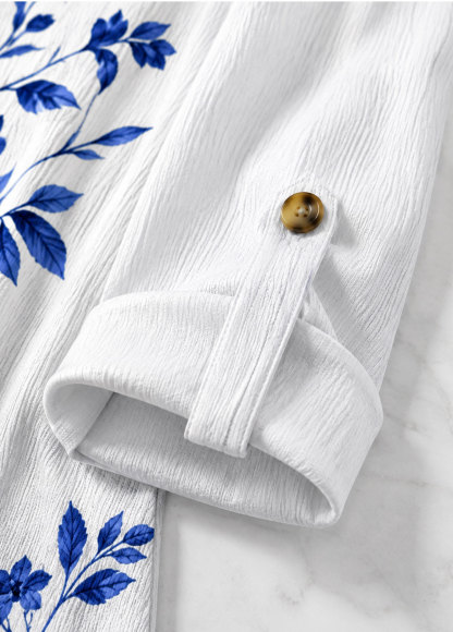 Women Blue Floral Print Roll‑Up Sleeve Casual Top