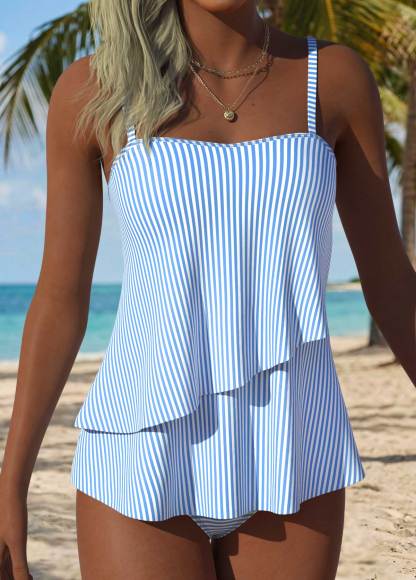 Light Blue Mid Waisted Layered Striped Tankini Set