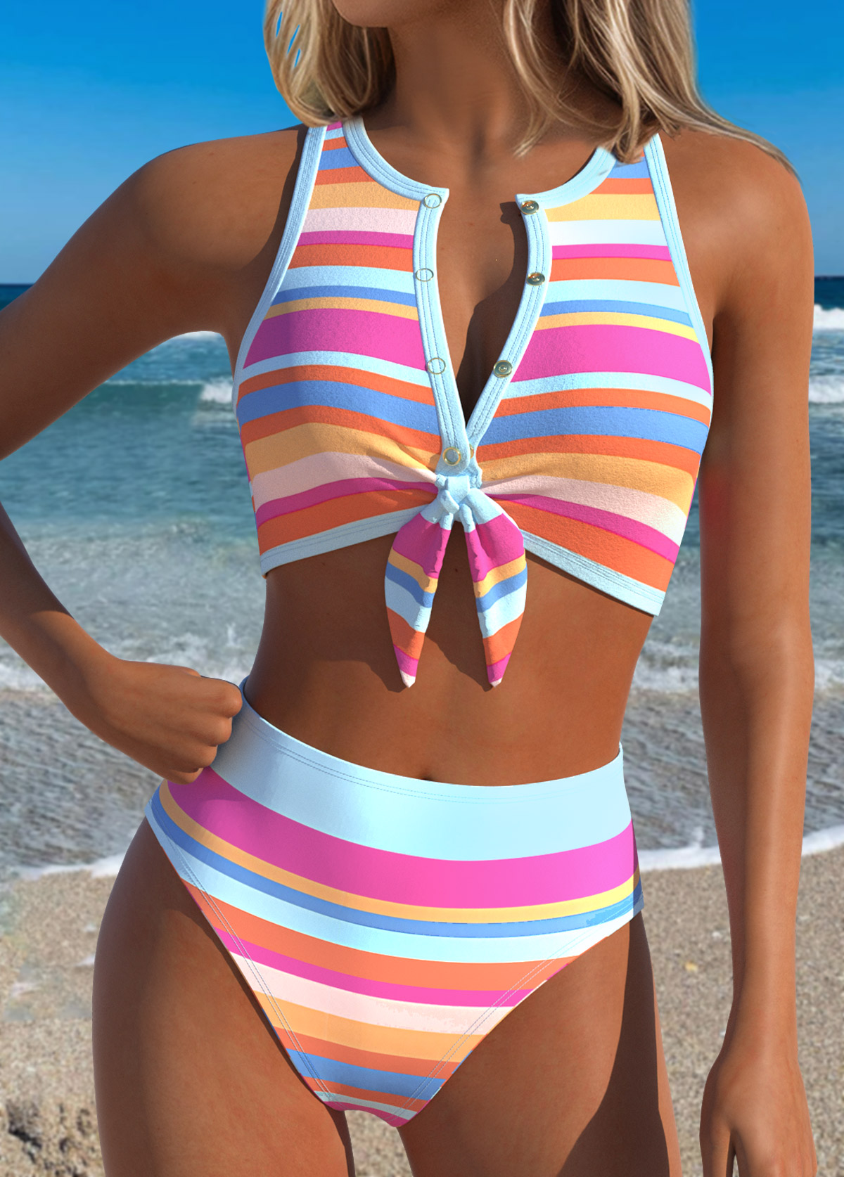 Mid Waisted Two-piece Striped Bikini Set