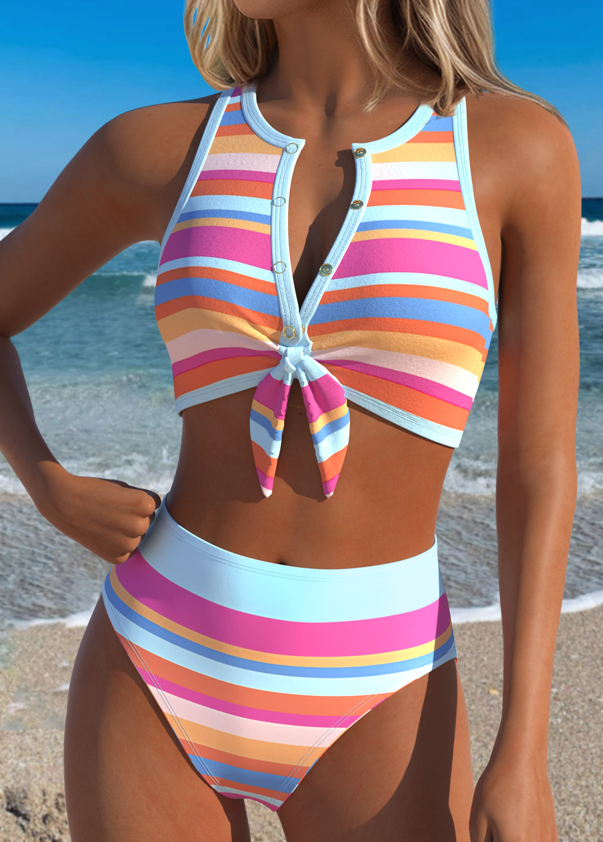 Mid Waisted Two-piece Striped Bikini Set