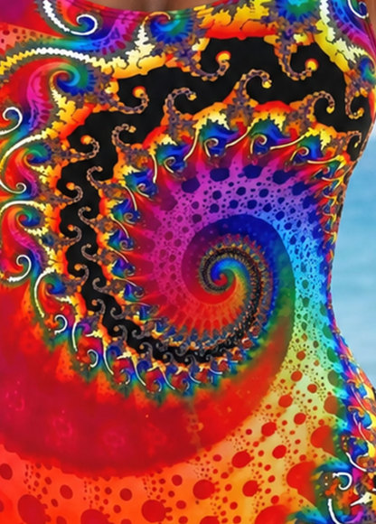 Multicolor Psychedelic Spiral Wide Strap One Piece Swimsuit