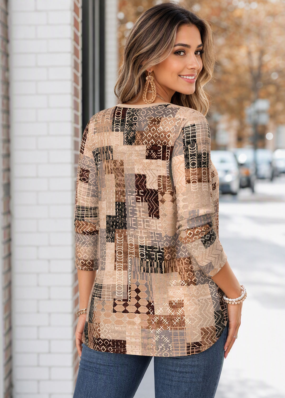 Women Geometric Patchwork 3/4 Sleeve Henley Blouse